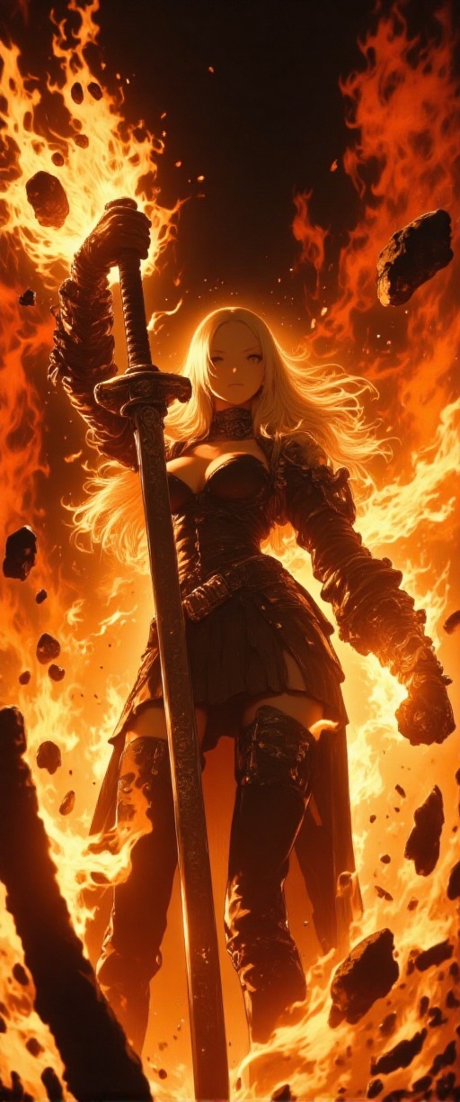 A 70mm lens photograph of a stunning Scene setting: The Valkyrie stands surrounded by flames,  wearing armor,  holding the...
