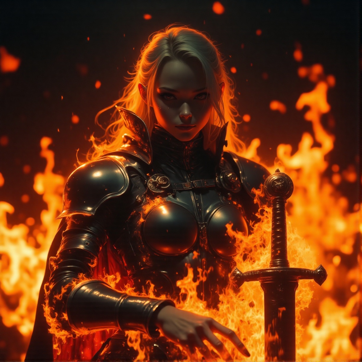 A 70mm lens photograph of a stunning Scene setting: The Valkyrie stands surrounded by flames,  wearing armor,  holding the...