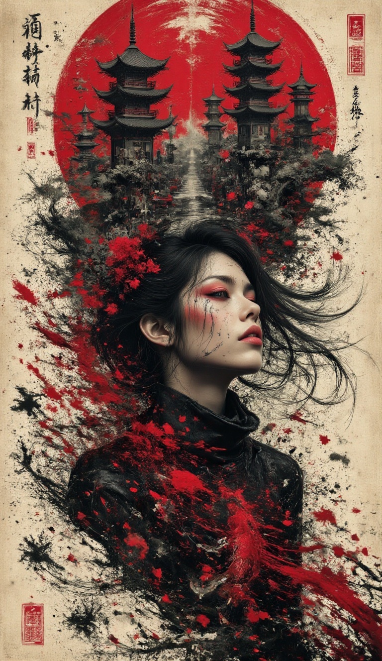 A surreal and intricate artwork that marries Japanese cultural elements with cyberpunk aesthetics and dark fantasy tones....