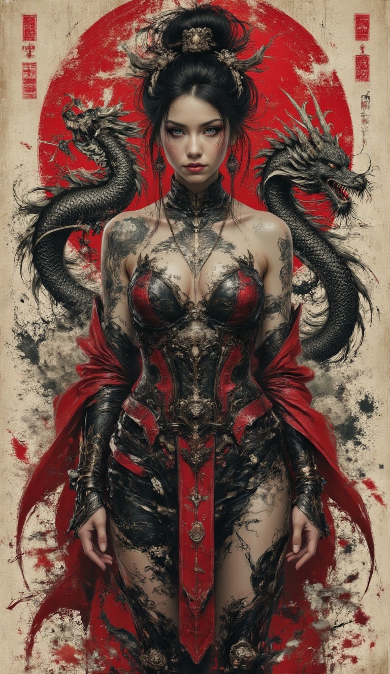A striking and dramatic portrait of a fierce warrior woman with a fantasy-meets-feudal aesthetic. She stands confidently,...