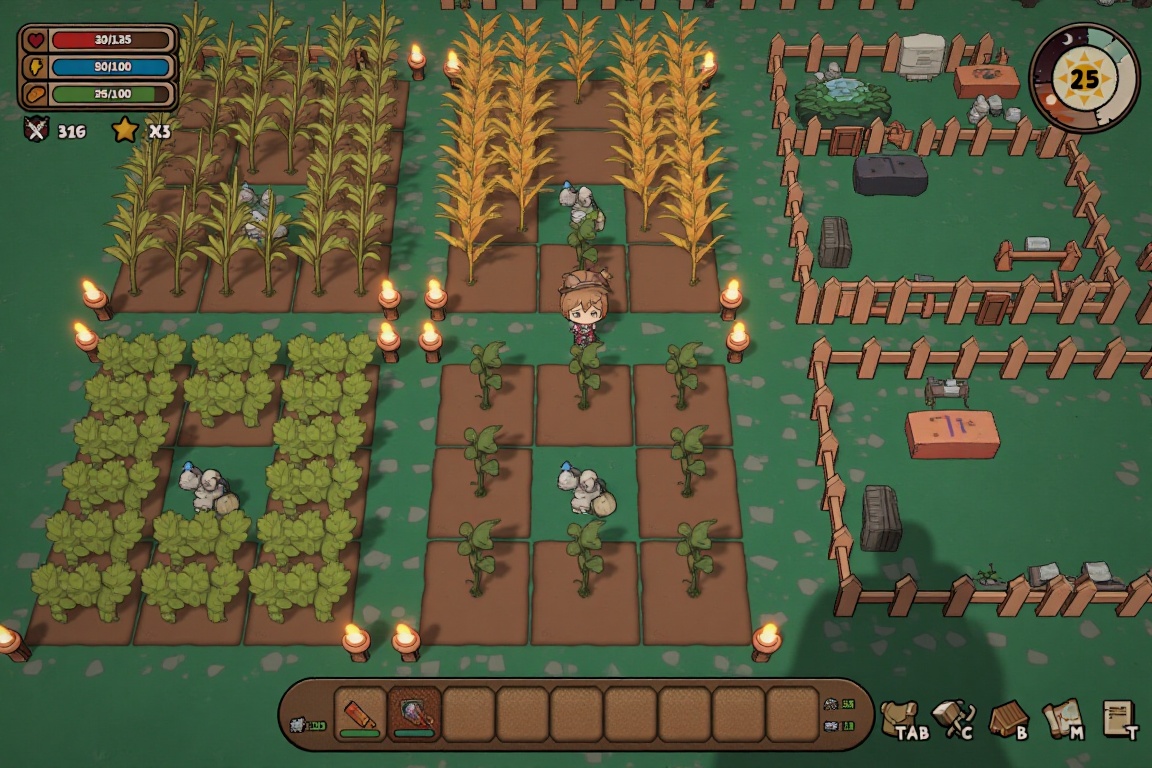 game_scene A detailed top-down pixel-art screenshot of a farm in a video game showing various crops fences and a small fig...