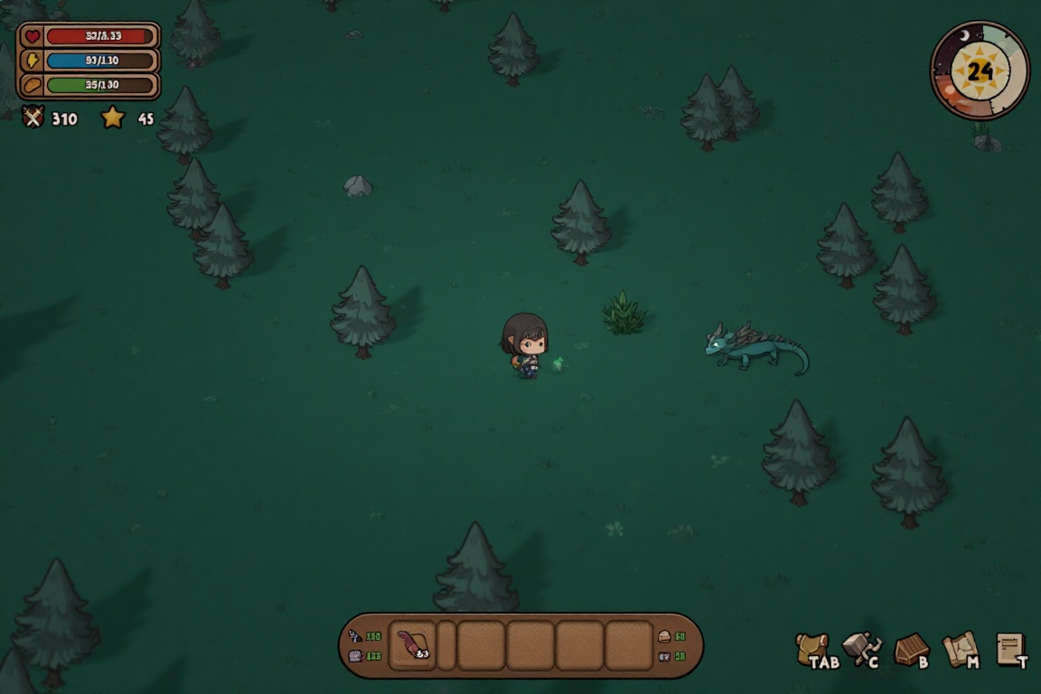 game_scene A pixel art screenshot from a video game depicting a chibi-style character in a green forest with pine trees ba...