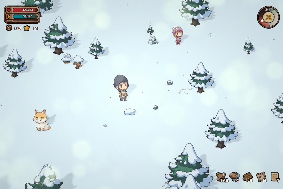 game_scene A digital drawing in a cute chibi style depicts a snowy landscape with various characters including a cat in a...