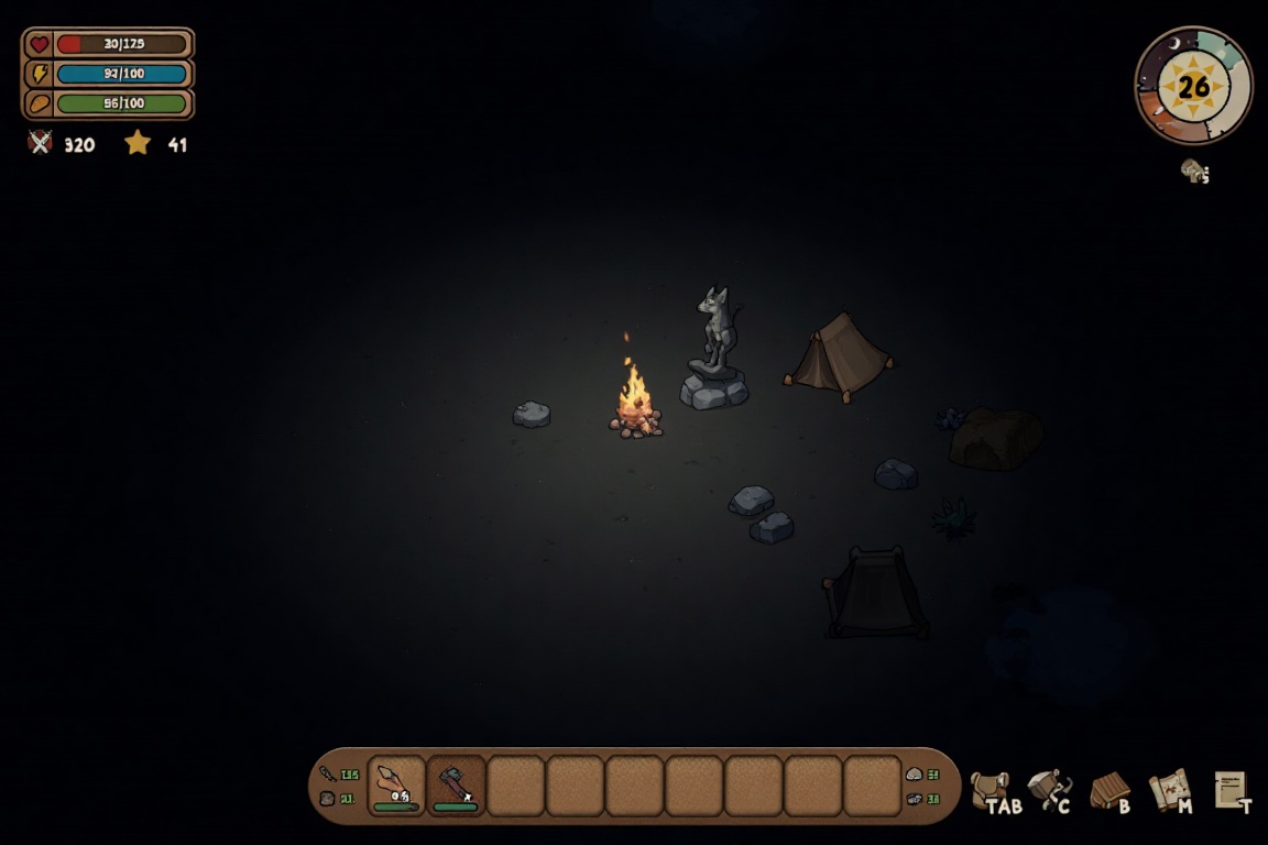 game_scene A digital screenshot from a game depicting a dark campsite scene with a fire tents and a wolf statue. The image...