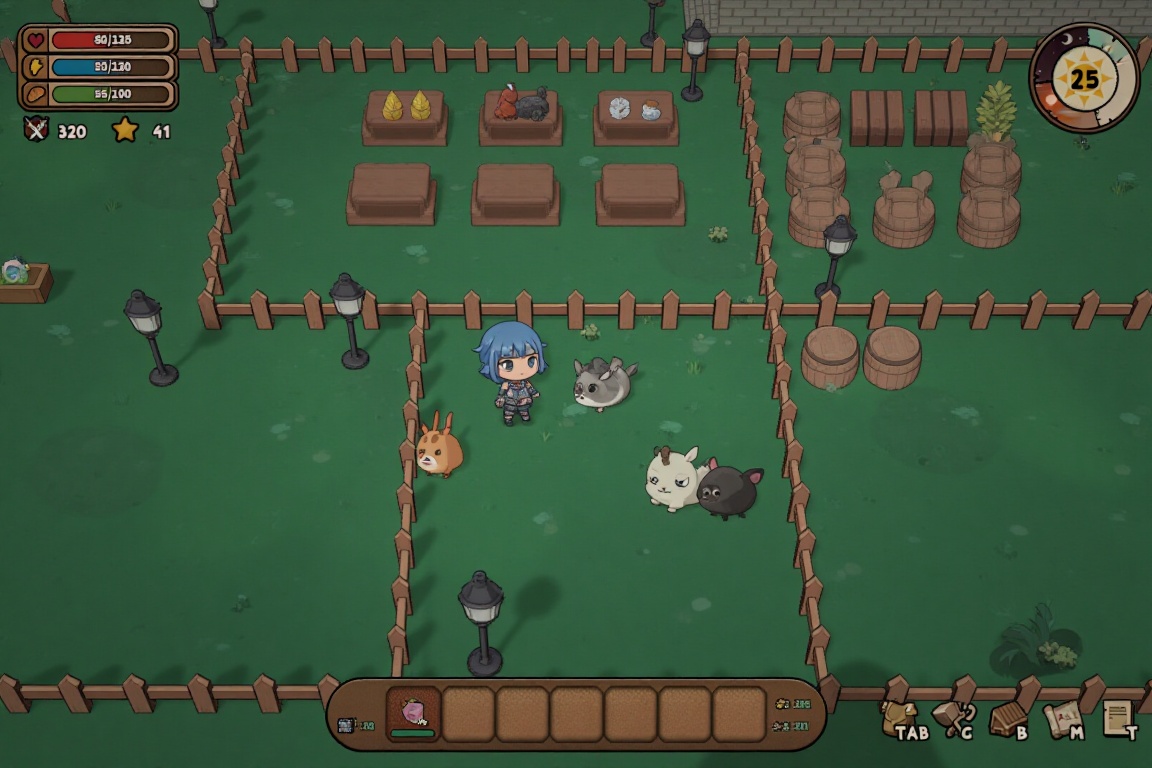 game_scene A top-down pixel art game screenshot showing a chibi blue-haired character with animal companions in a green fi...