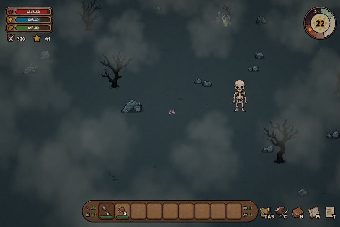 game_scene A digital top-down pixel art map of a desolate foggy landscape with a skeleton barren trees and ruins. on Tenso...