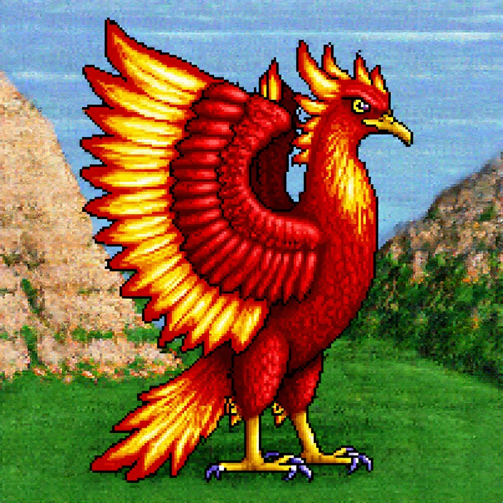 Original HoMM2 style full-height Phoenix creature on a sorceress faction background,  sorceress creature,  sorceress facti...