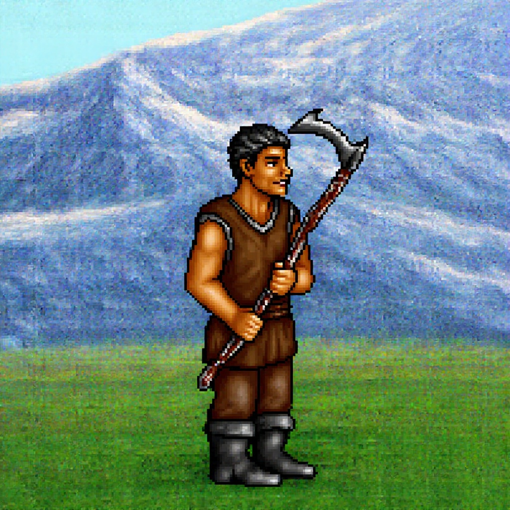 Original HoMM2 style full-height Peasant creature on a knight faction background,  knight creature,  knight faction creatu...