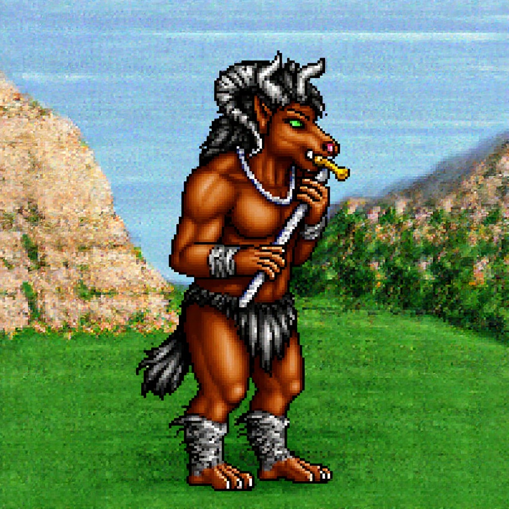 Original,  HoMM2 style,  full-height satyr creature on a meadow background on Tensor.Art