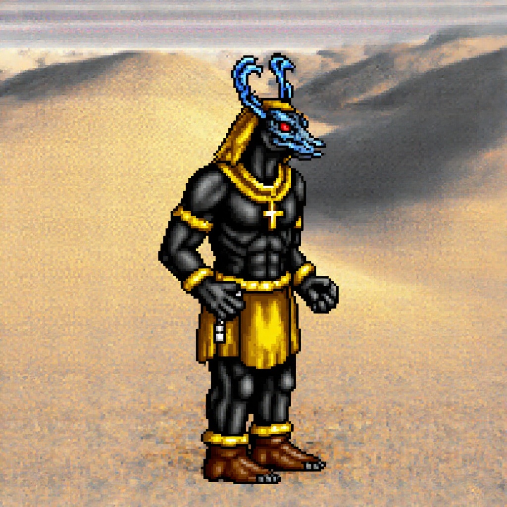 Original,  HoMM2 style,  full-height Anubis creature on a dervish faction background on Tensor.Art