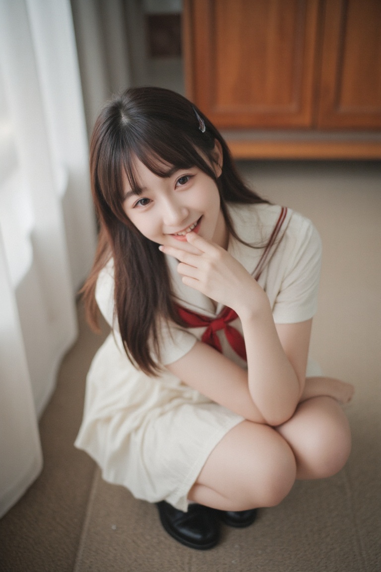 A warm and inviting portrait of a Japanese woman,  sporting her school uniform,  captured from a bird's eye view as she sq...