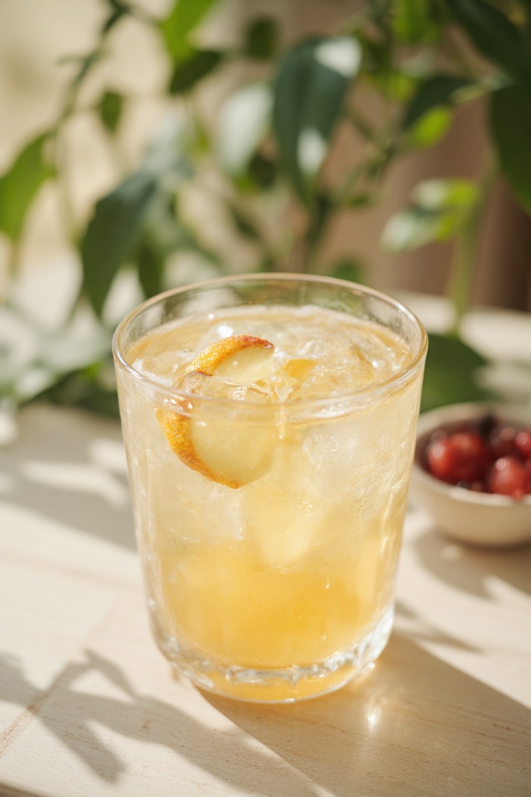 A refreshing glass of fresh fruit juice sits on a light-colored wooden table,  surrounded by lush greenery and soft focus...
