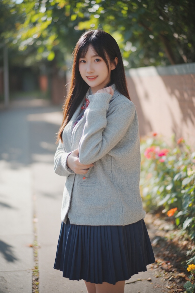 A cheerful Japanese woman,  dressed in a crisp school uniform,  stands with a bright smile and a relaxed posture on Tensor...