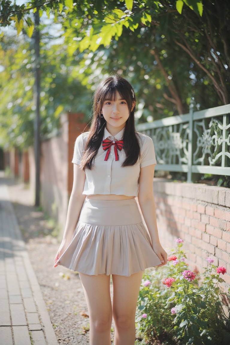 A joyful Japanese schoolgirl stands with a radiant smile,  her hands nestled in the pleats of her uniform skirt. Soft morn...