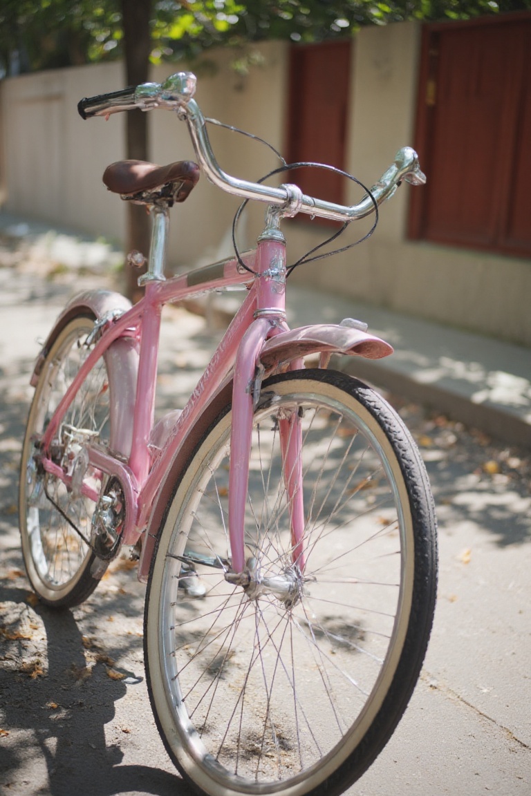 A sleek pink bicycle sits proudly parked on a sunny sidewalk,  its chrome handlebars glinting in the warm light. The vibra...