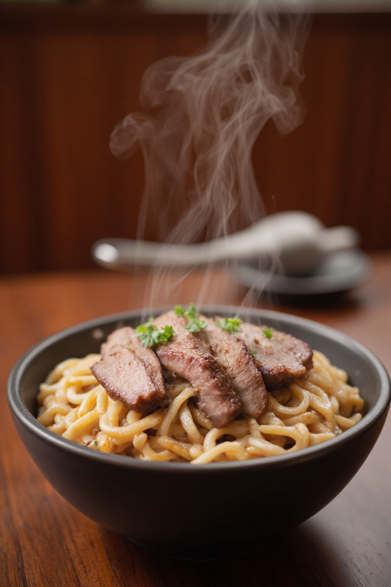 A close-up shot of a steaming hot bowl of noodles,  topped with juicy slices of grilled meat,  set against a warm wooden b...