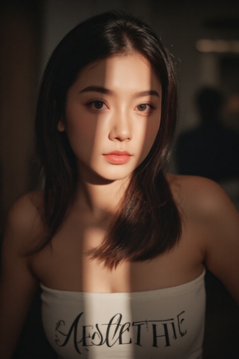 A close-up portrait of a woman's face,  her features framed by the soft curves of her hair. Her eyes gaze directly at the...