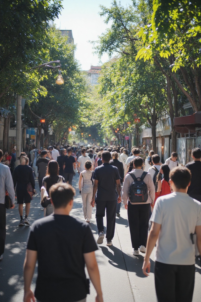 A fast-paced urban scene,  a bustling city street at peak hour,  with people of all ages and cultures rushing to and from...
