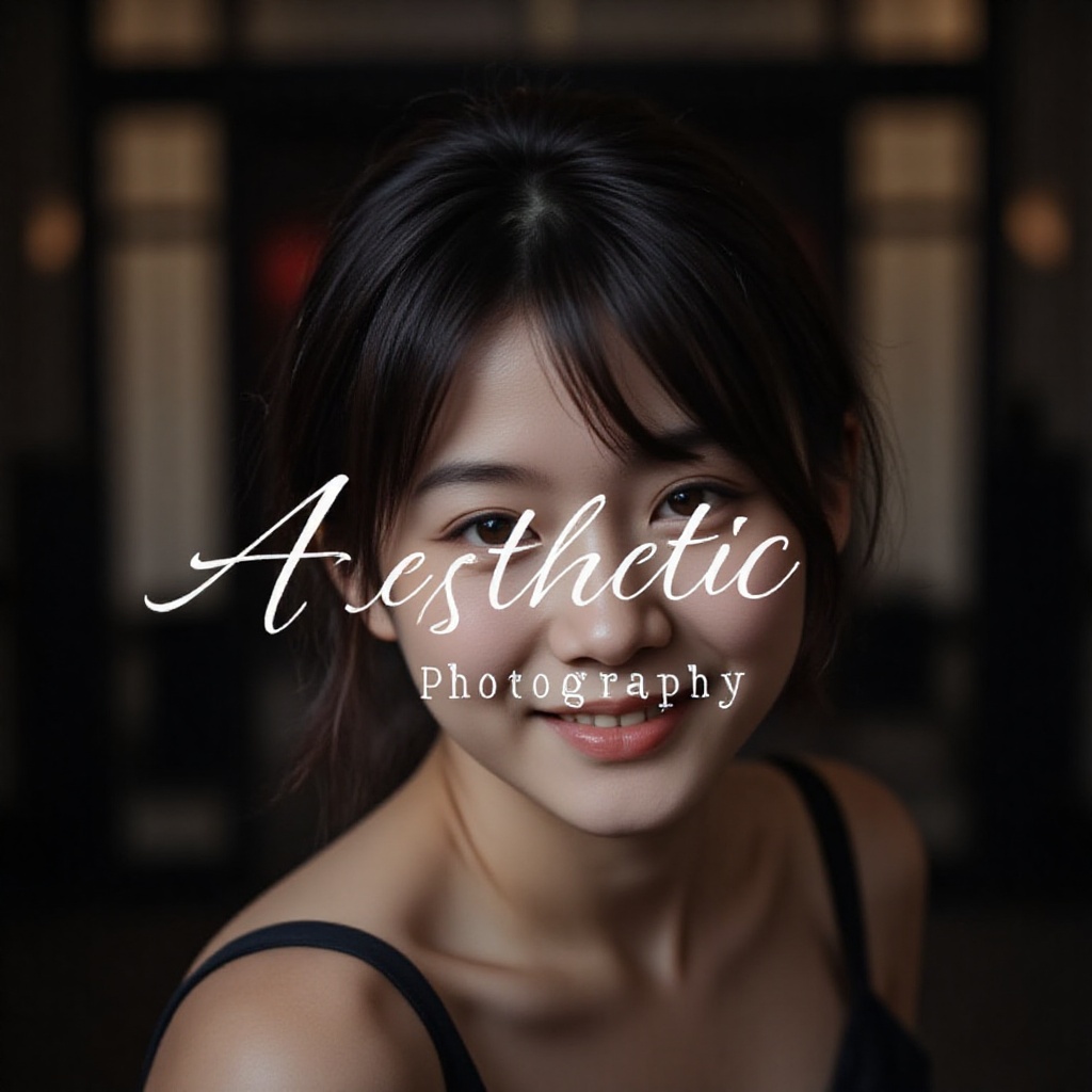 curvature bold white text "Aesthetic Photography" displayed prominently on the center,  featuring close-up portrait face f...