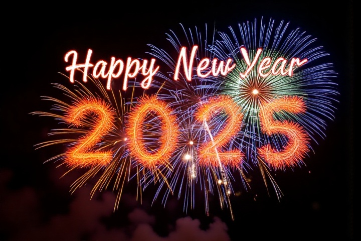 a vibrant display of fireworks is captured in a close-up shot. The fireworks make light writing style "Happy-New-Year-2025...