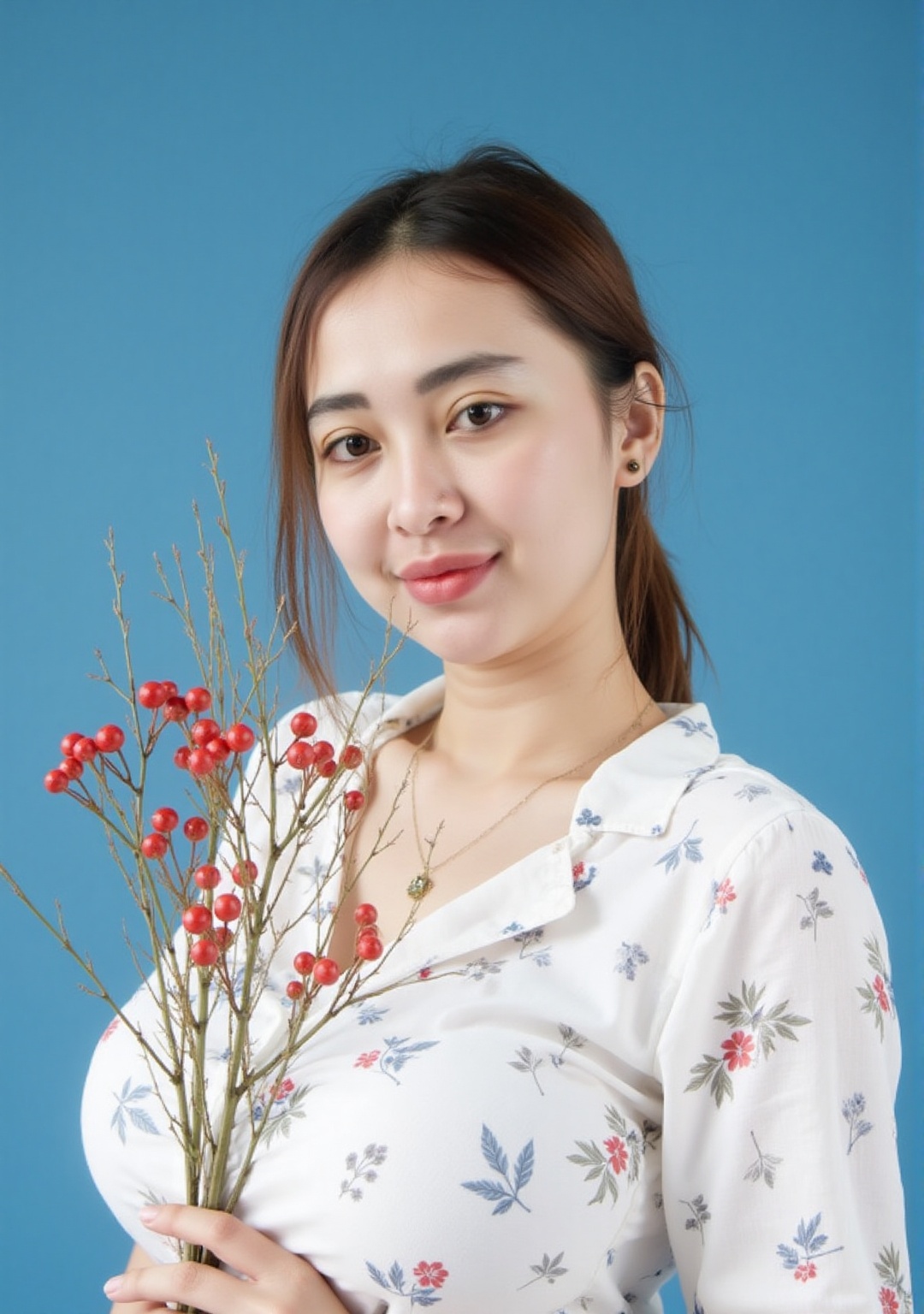 solid blue background,  This is a high-resolution photograph featuring a young woman with fair skin and light brown hair,...