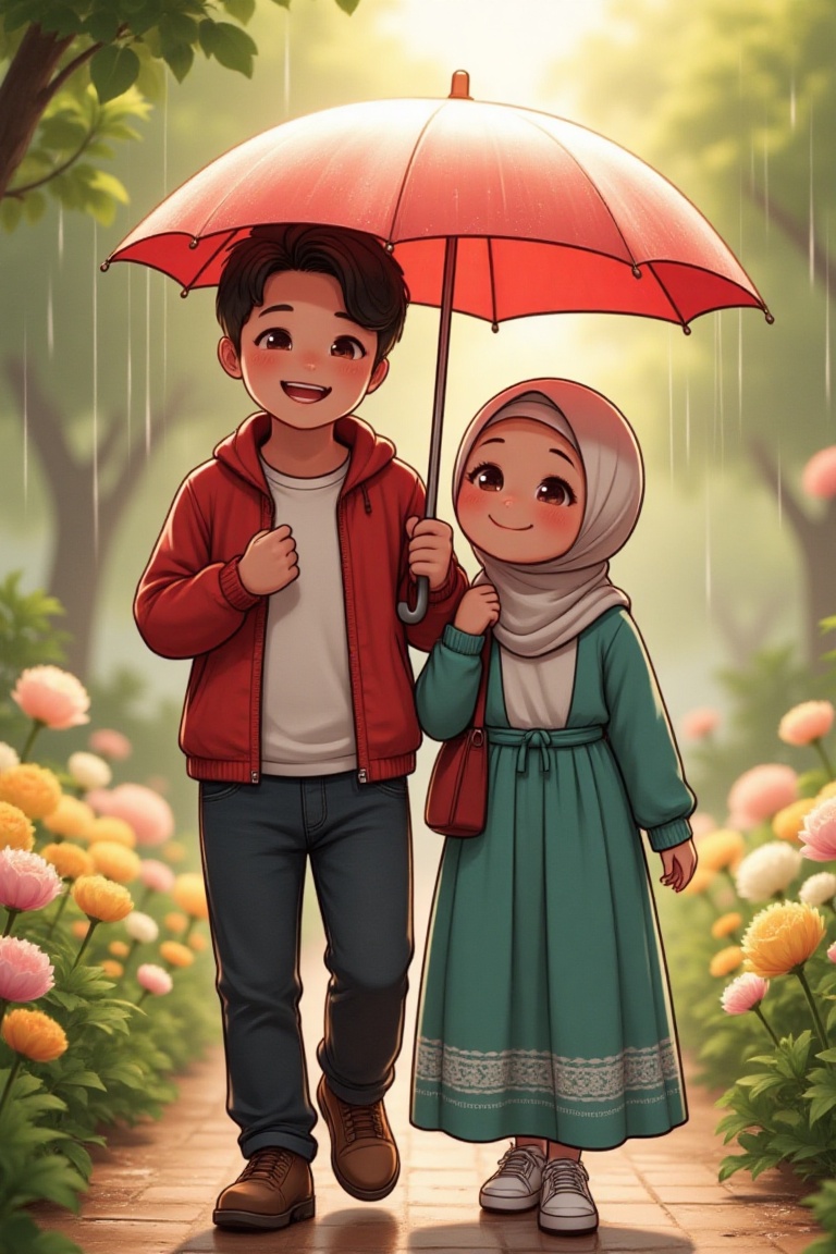 A full-body shot of a 15-year-old anime-style girl named D4ISY wearing a hijab,  smiling while walking with a handsome 15-...