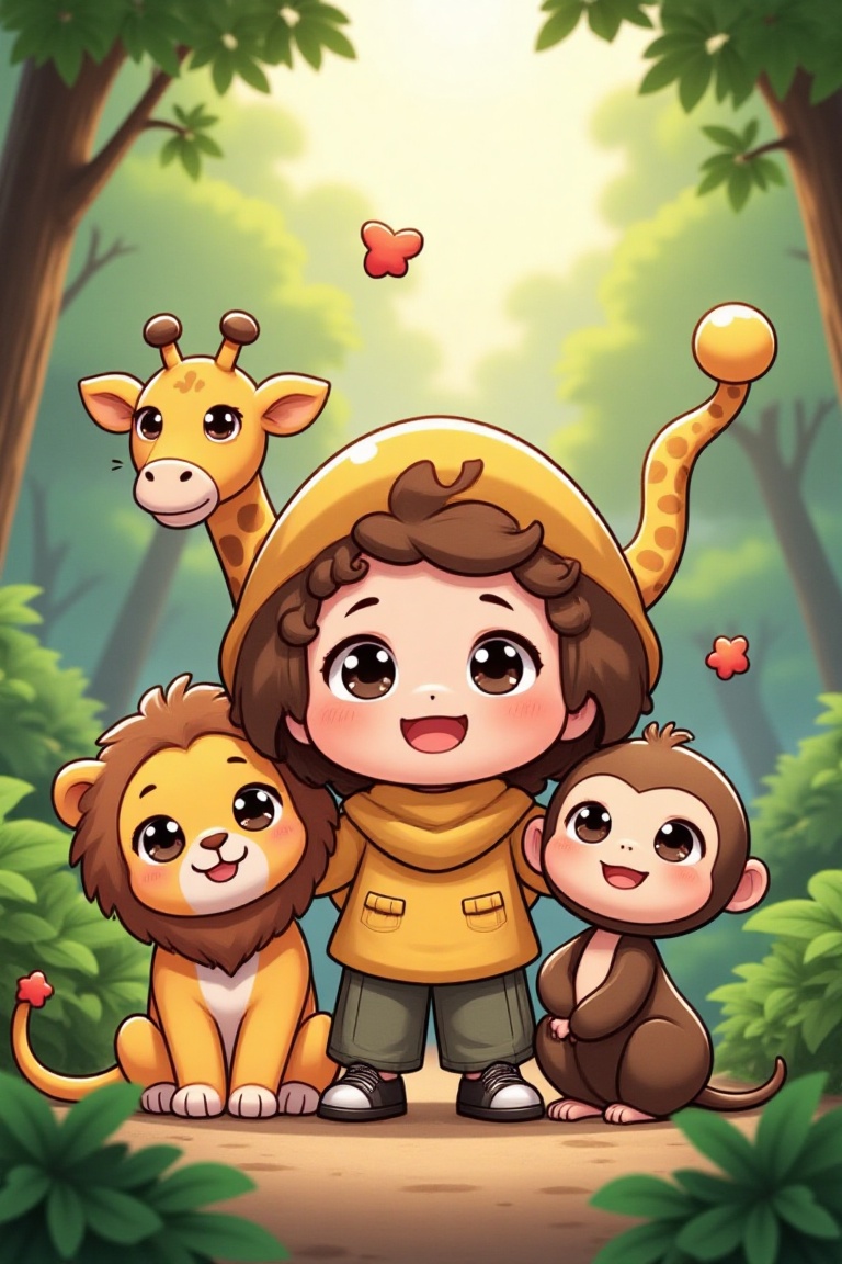 A full-body shot of a cartoon anime character named D4ISY,  surrounded by a happy lion,  giraffe on Tensor.Art