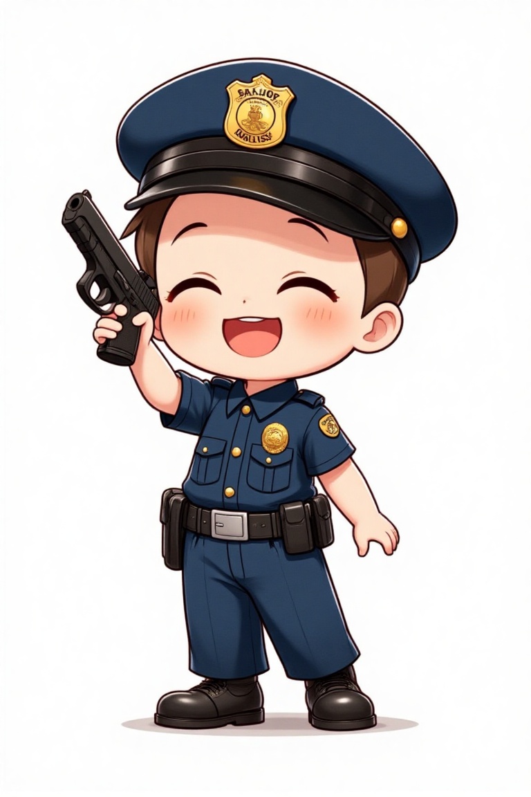 A full-body shot of a 5-year-old anime-style boy named D4ISY,  smiling while wearing a police uniform,  a police hat on Te...