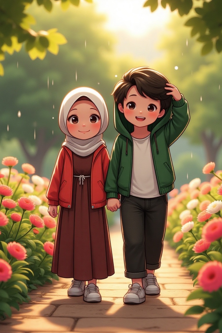 A full-body shot of a 15-year-old anime-style girl named D4ISY wearing a hijab,  smiling while walking with a handsome 15-...