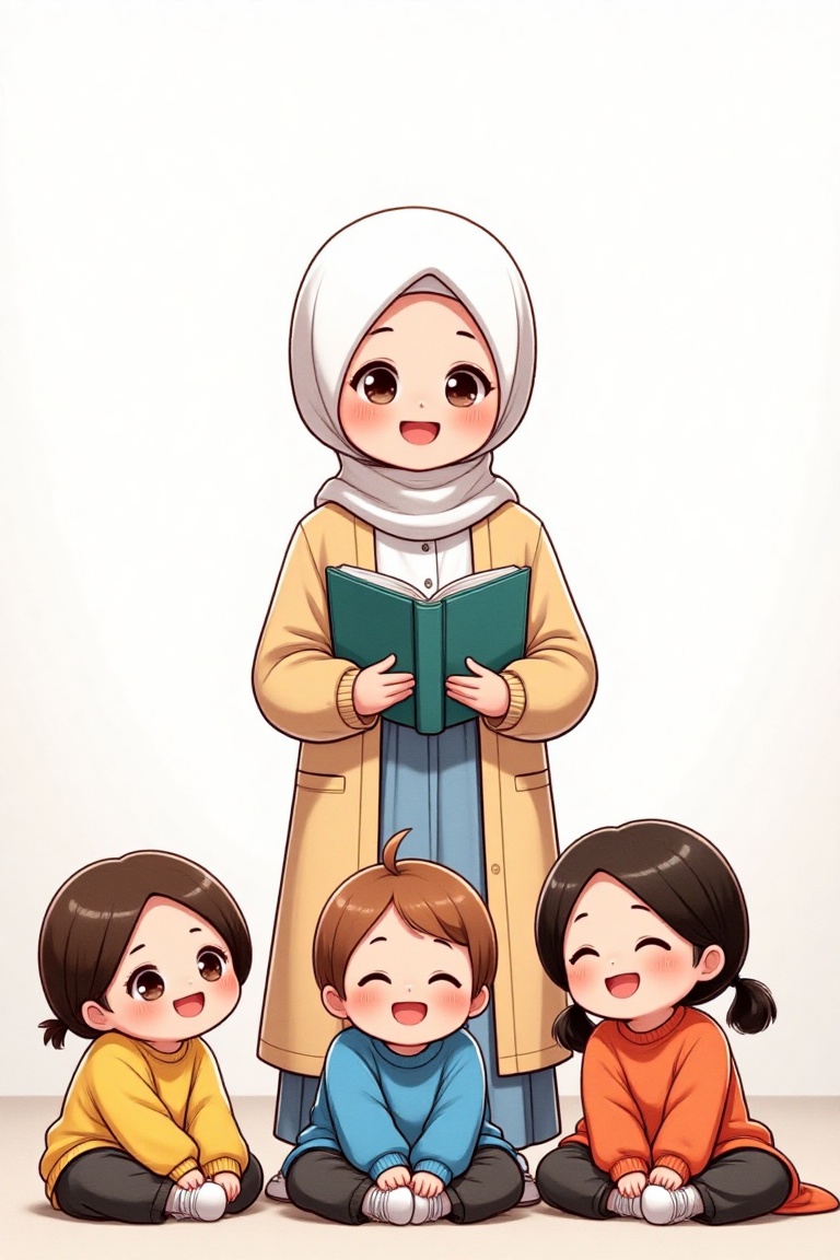 A full-body shot of a 15-year-old anime-style girl named D4ISY wearing a hijab and a teacher's uniform,  smiling while hol...