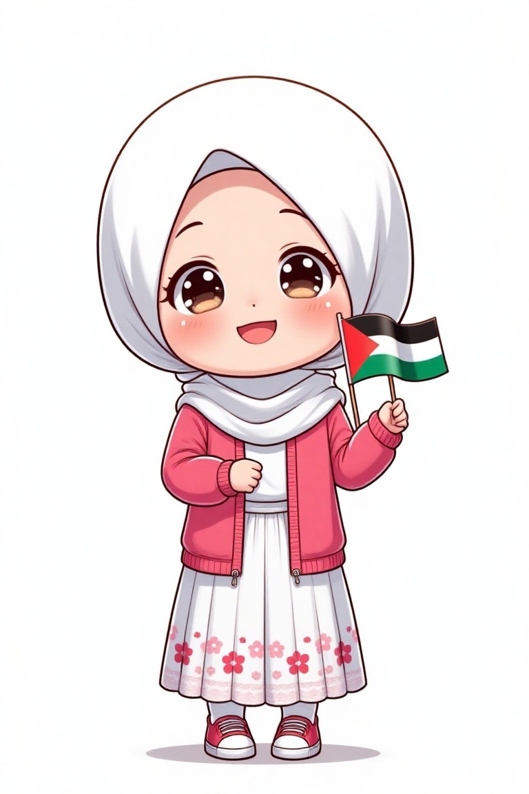 A full-body shot of a 5-year-old anime-style character named D4ISY wearing a white hijab,  a pink jacket,  and a white ski...
