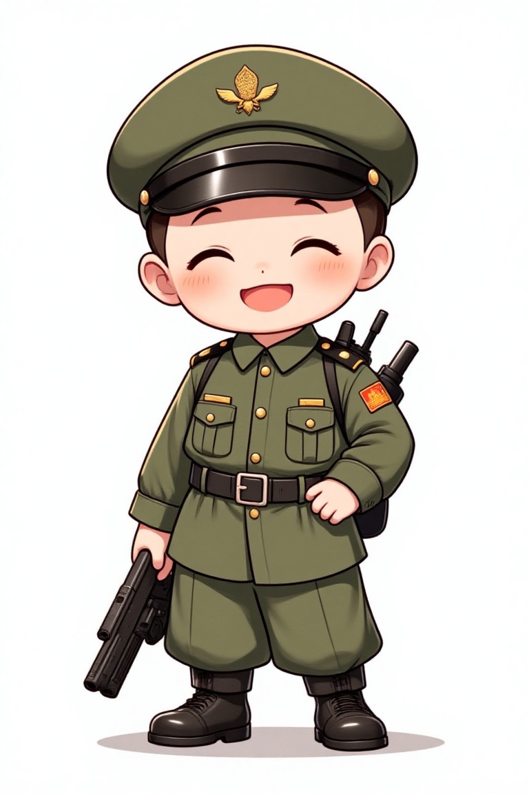 A full-body shot of a 5-year-old anime-style boy named D4ISY,  smiling while wearing a military uniform with a rank insign...