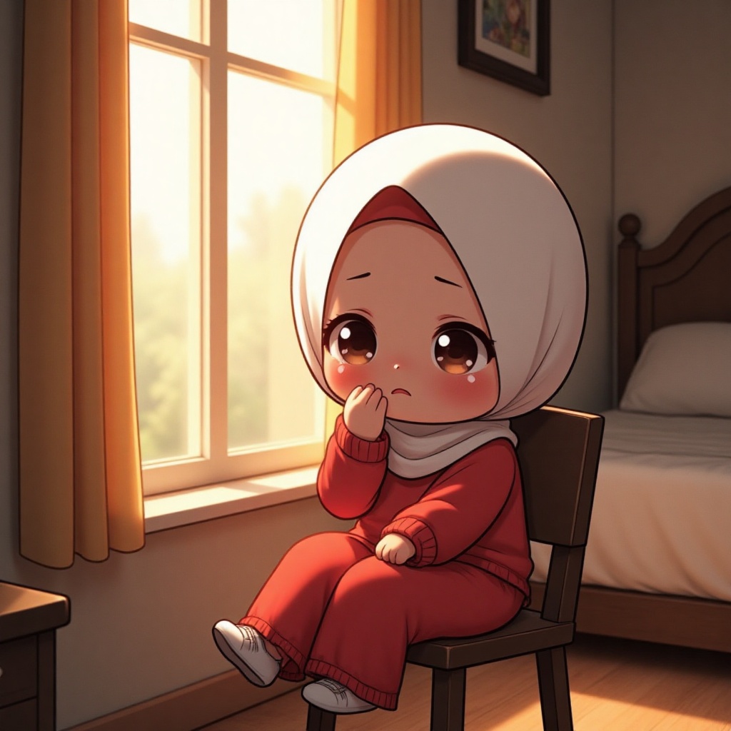 A full-body shot of a 5-year-old anime-style girl named D4ISY wearing a hijab,  crying while sitting on a chair,  looking...