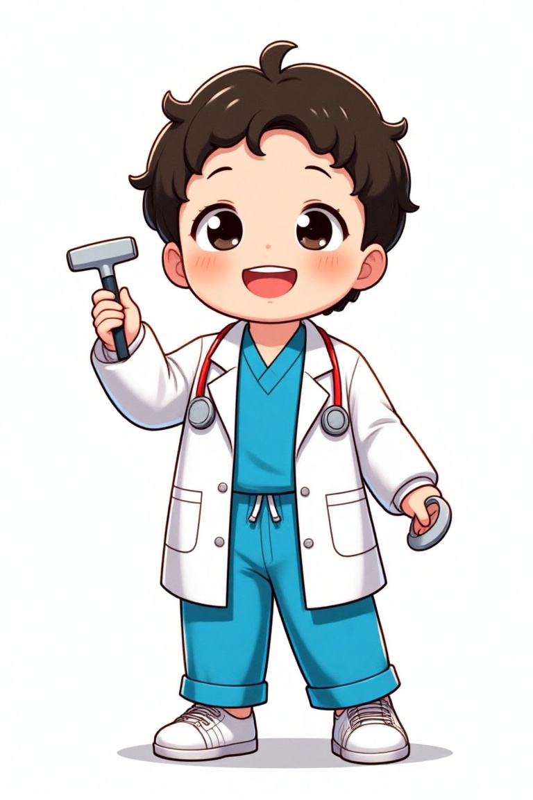 A full-body shot of a 5-year-old anime-style boy named D4ISY,  smiling while wearing a doctor's uniform and holding medica...