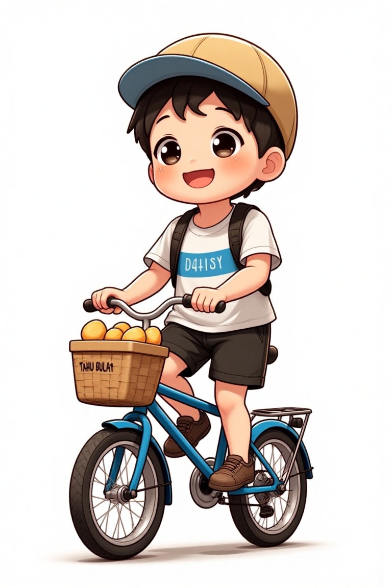A full-body shot of a 5-year-old anime-style boy named D4ISY,  smiling while selling goods using a bicycle,  with a basket...