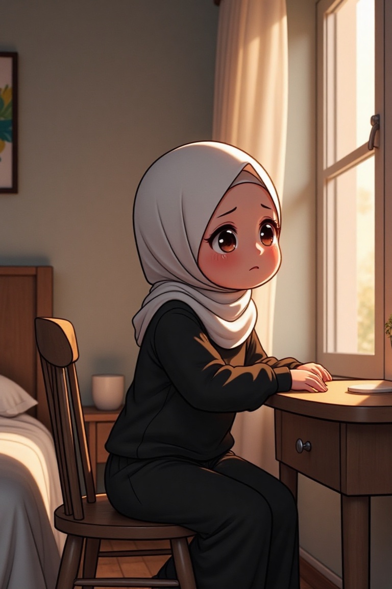 A full-body shot of a 35-year-old anime-style woman named D4ISY wearing a hijab,  crying while sitting on a chair with her...