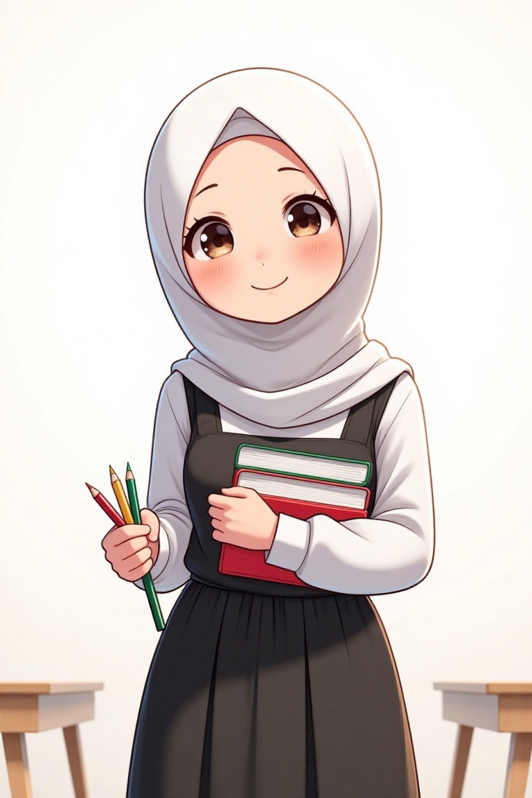A full-body shot of a 15-year-old anime-style character named D4ISY wearing a hijab and a teacher's uniform,  smiling whil...