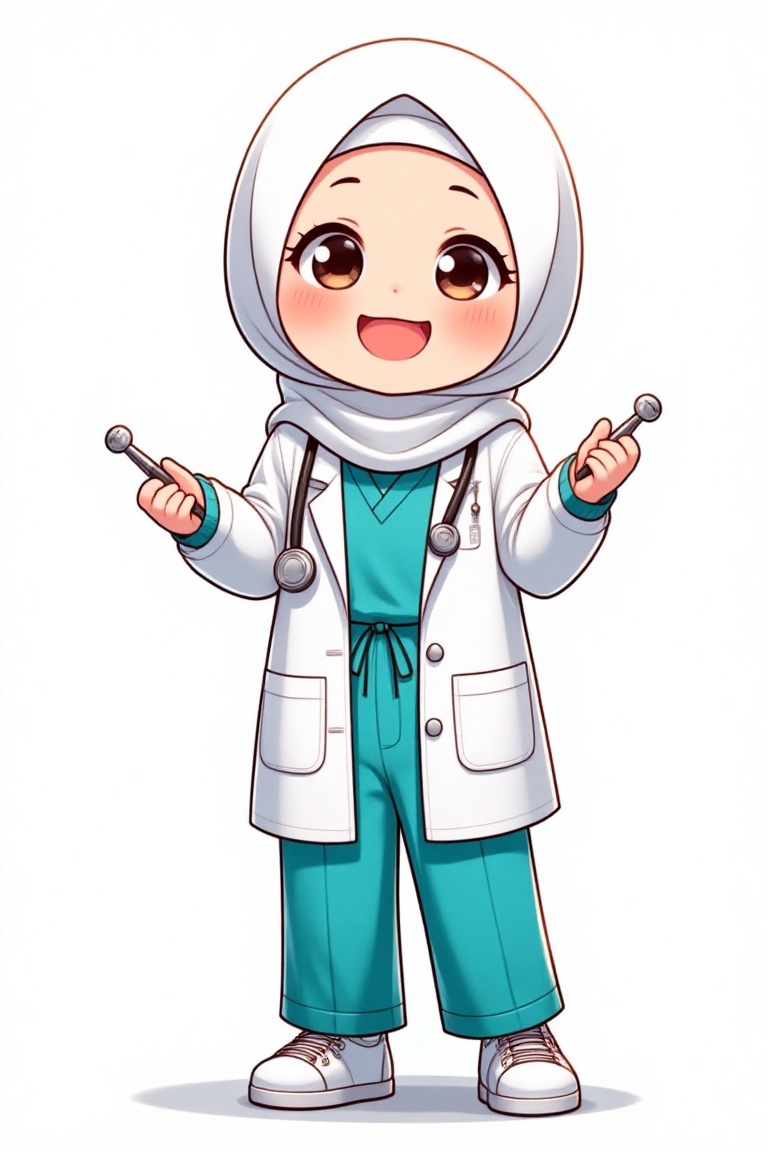 A full-body shot of a 5-year-old anime-style character named D4ISY wearing a hijab and a doctor's uniform,  smiling while...