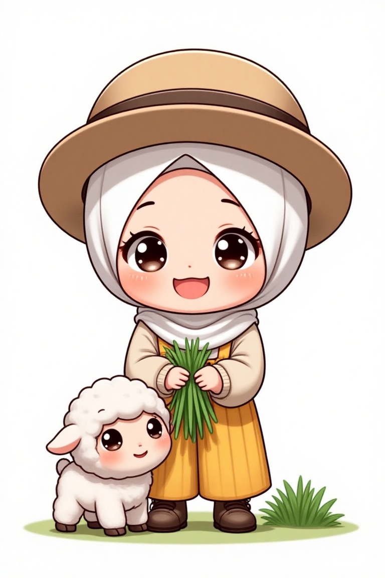 A full-body shot of a 5-year-old anime-style girl named D4ISY wearing a hijab,  a farmer's uniform,  and a farmer's hat on...