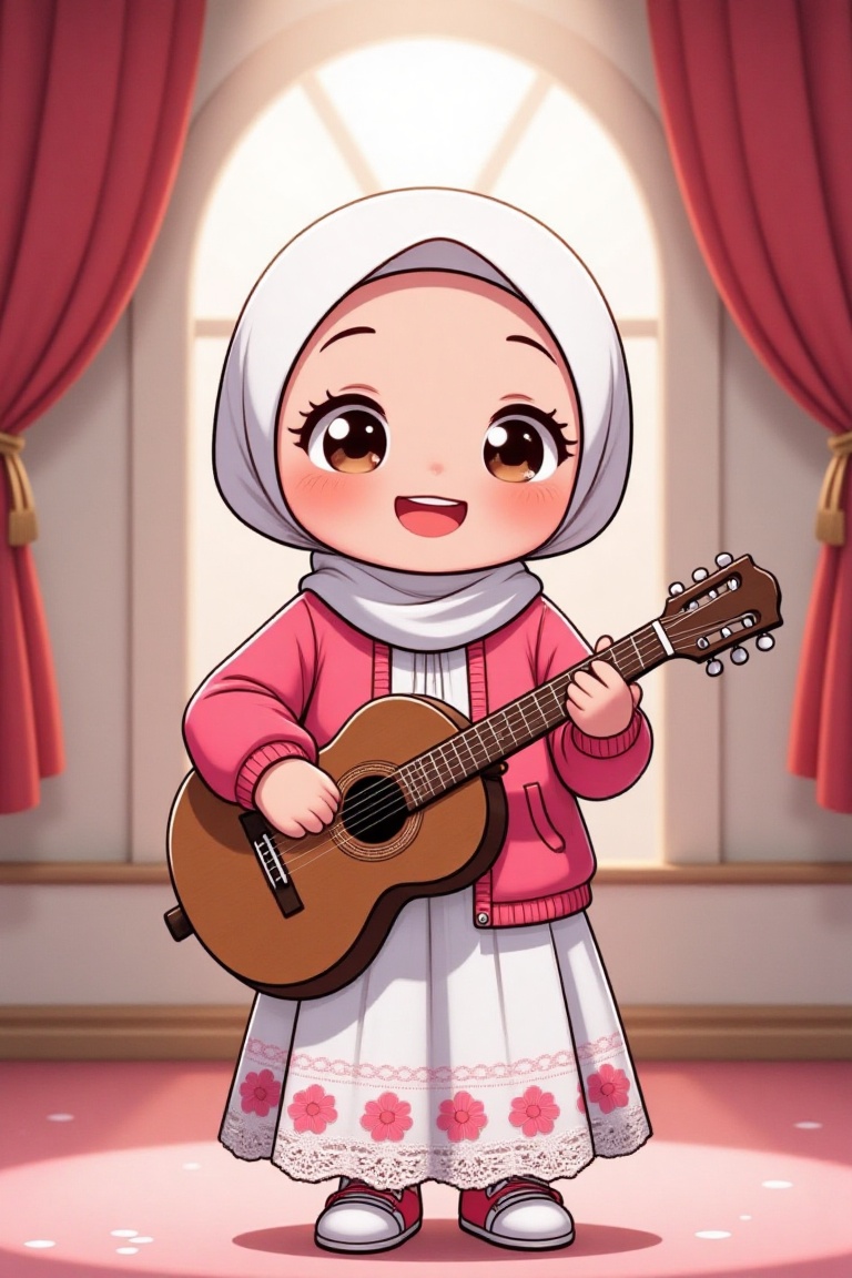 A full-body shot of a 5-year-old anime-style character named D4ISY wearing a white hijab,  a pink jacket,  and a white ski...