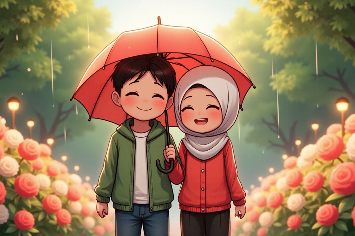 A full-body shot of a 15-year-old anime-style girl named D4ISY wearing a hijab,  smiling while walking with a handsome 15-...