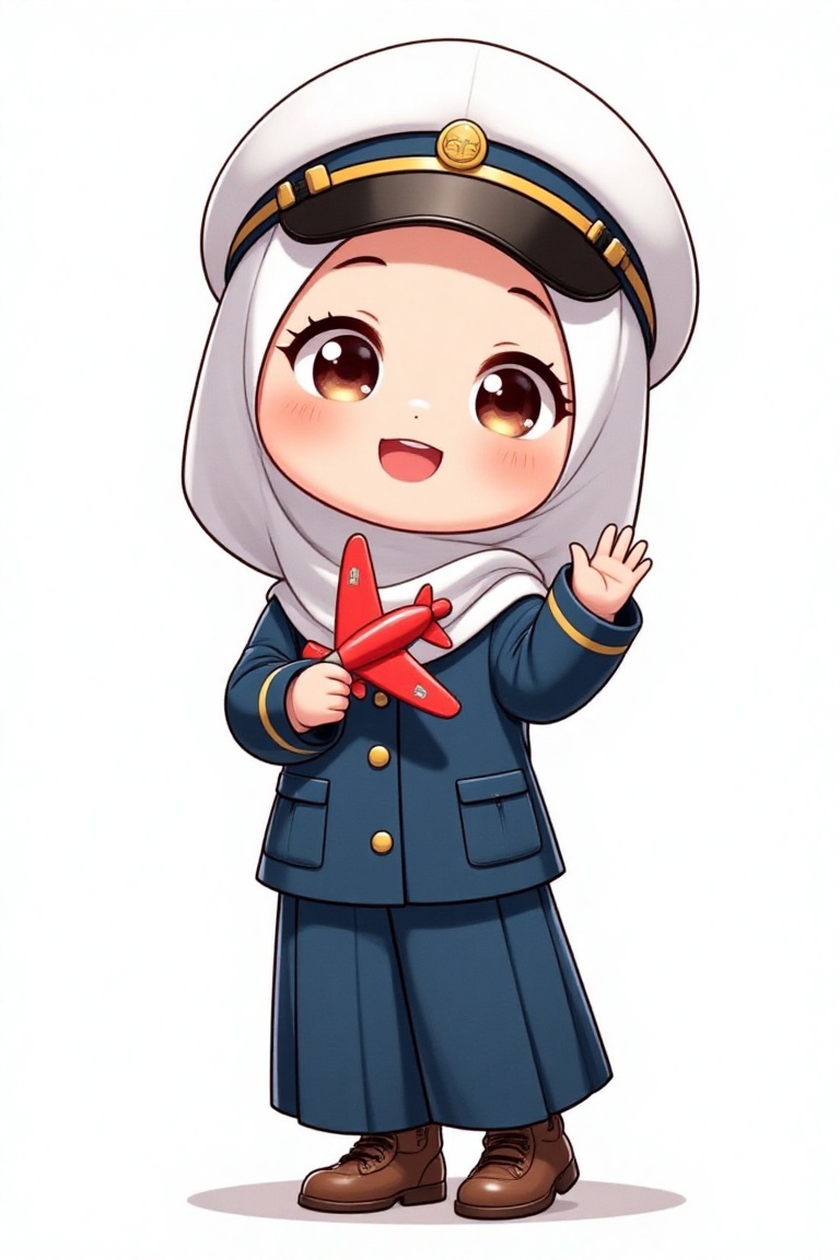 A full-body shot of a 5-year-old anime-style character named D4ISY wearing a hijab,  a pilot's uniform,  and a pilot's hat...