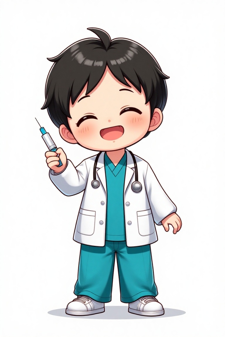 A full-body shot of a 5-year-old anime-style boy named D4ISY,  smiling while wearing a doctor's uniform and holding a syri...