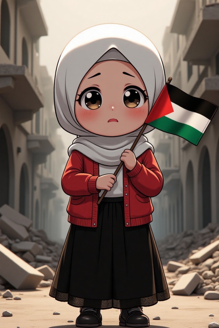 A full-body shot of a 5-year-old anime-style character named D4ISY wearing a white hijab,  a red jacket,  and a black skir...