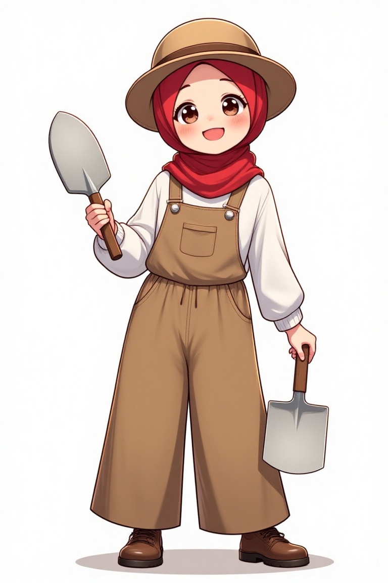 A full-body shot of a 15-year-old anime-style character named D4ISY wearing a hijab,  a farmer's uniform,  and a farmer's...