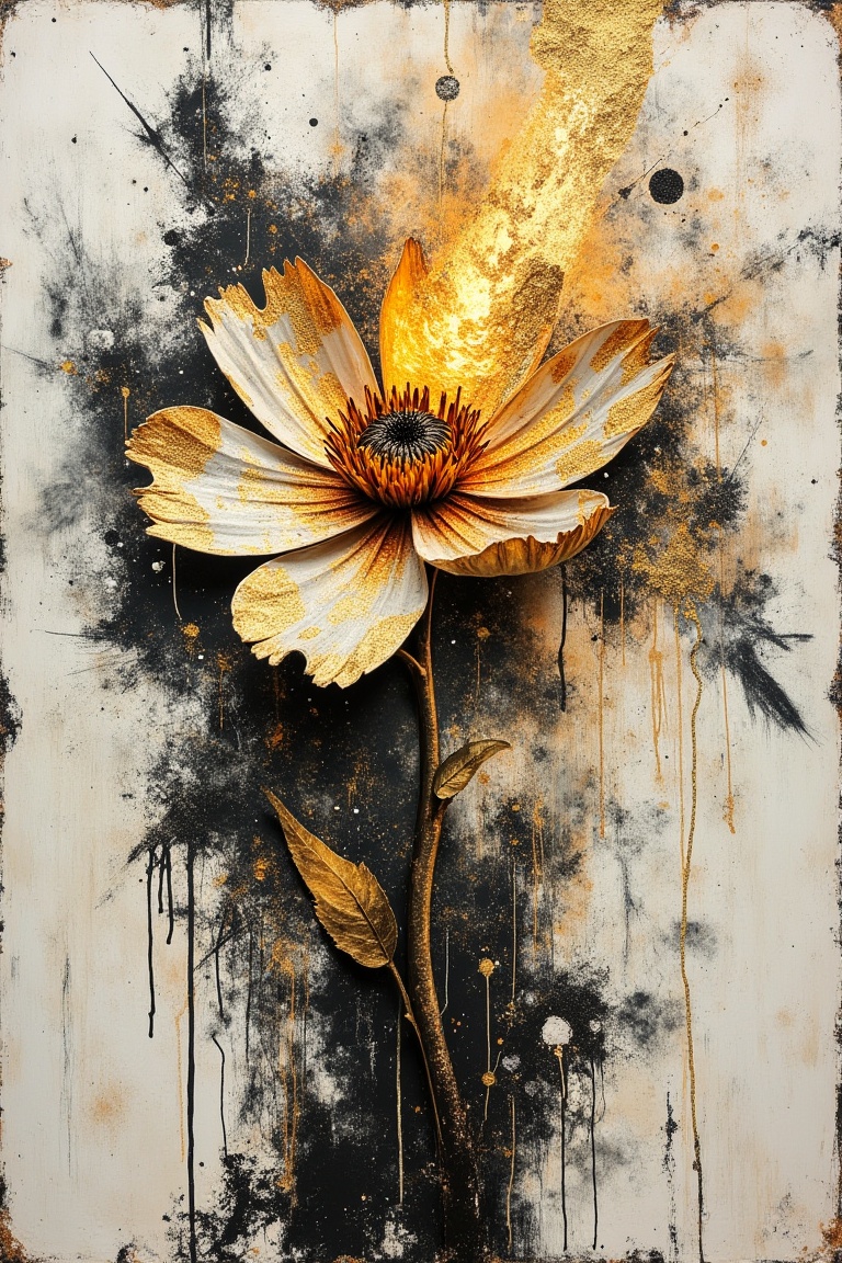 Grunge Art — A grunge art composition of a single flower exploding with layered paint,  cracked textures,  and rough golde...