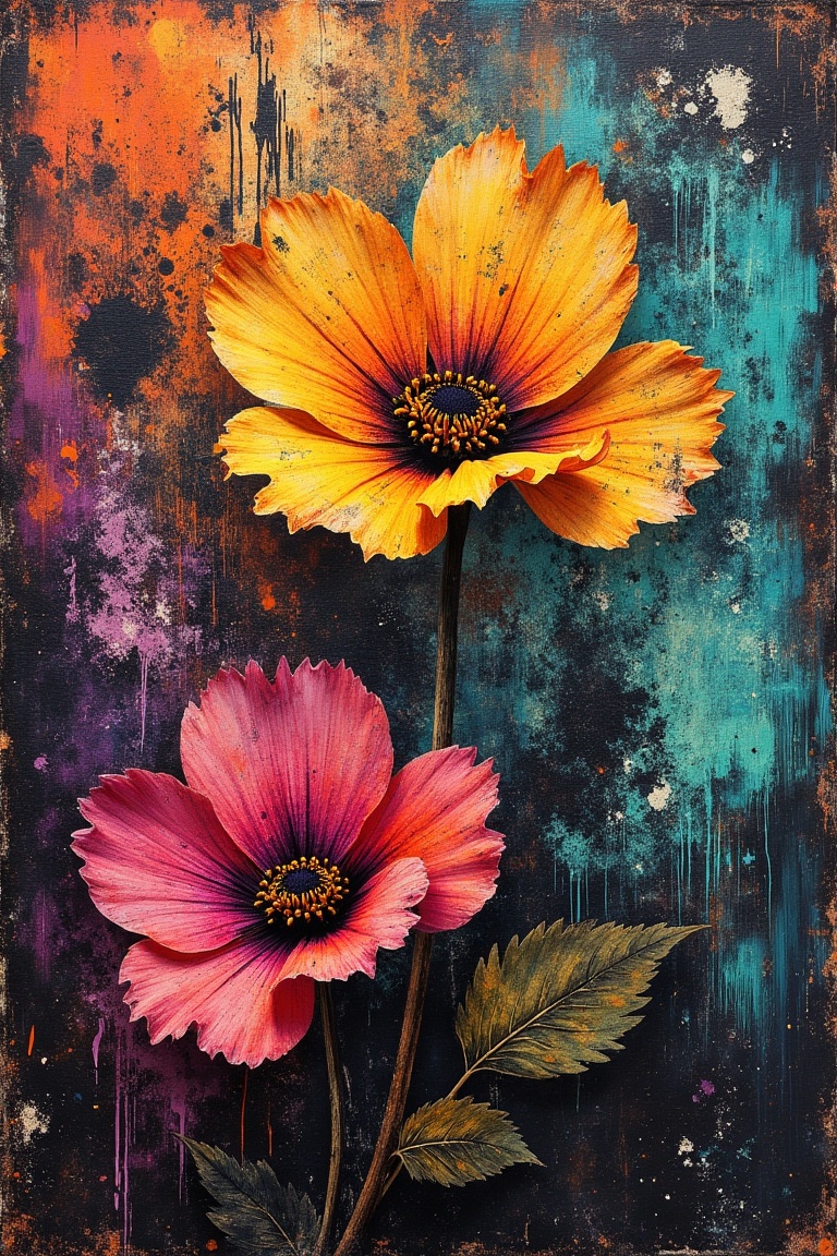 Grunge Art — Two abstract flowers rendered in gritty grunge art. Thick paint textures mix with splattered ink,  worn pigme...