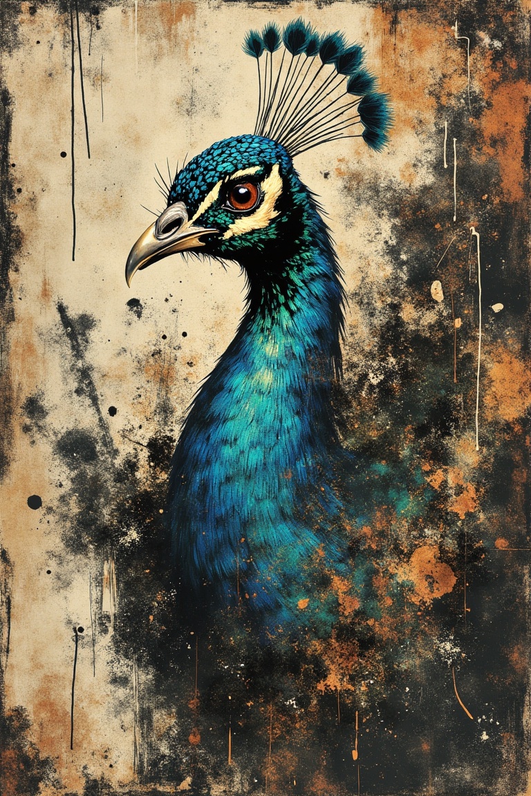 Grunge Art — A powerful grunge art portrait of a peacock,  rendered with raw layered textures,  rough brushstrokes on Tens...
