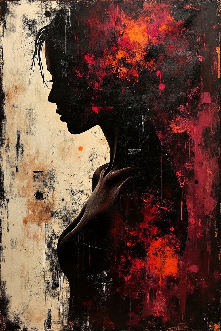 Grunge Art — A grunge-style silhouette of a woman formed with bold textured smears,  torn edges,  and layered paint marks....