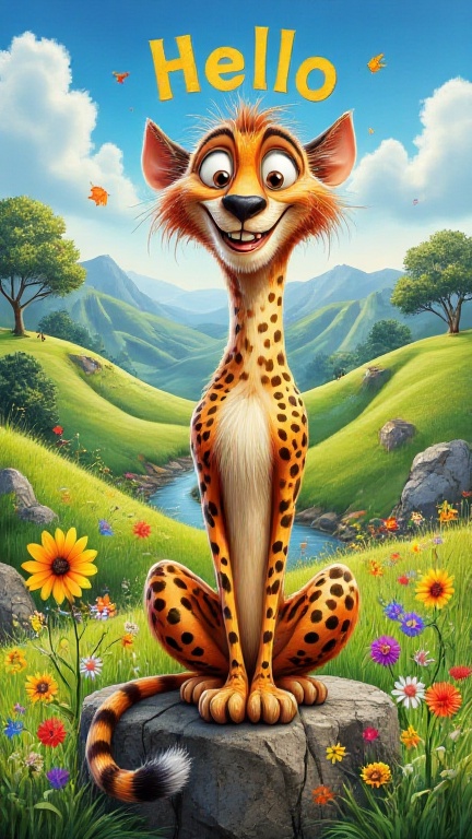 A whimsical cartoon cheetah,  Disney-Pixar inspired,  sits on a lush green hillside on Tensor.Art